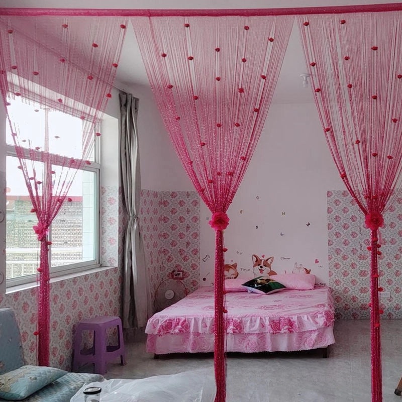 Silver Rose Thread Curtain 1x2 Door Partition Drapes Privacy Porch Divider | Home Decor Curtains