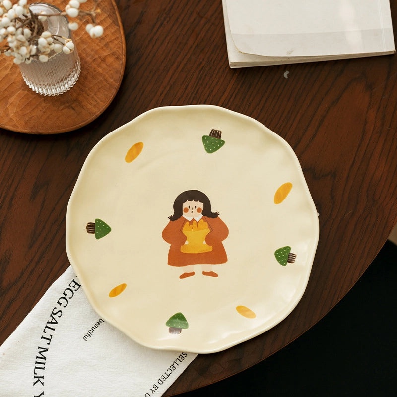 Vintage Ceramic Cartoon Dinner Plate Cute Girls Small Rice Bowl and Mug with Lid|Kitchen & Dining