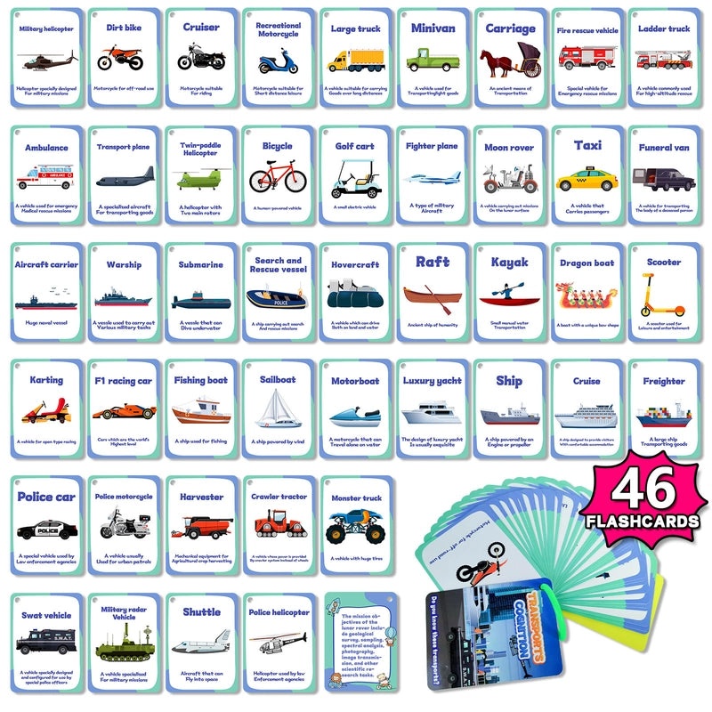 46 Engineering Vehicles Flash Cards for Kids|Early Education Educational Toys