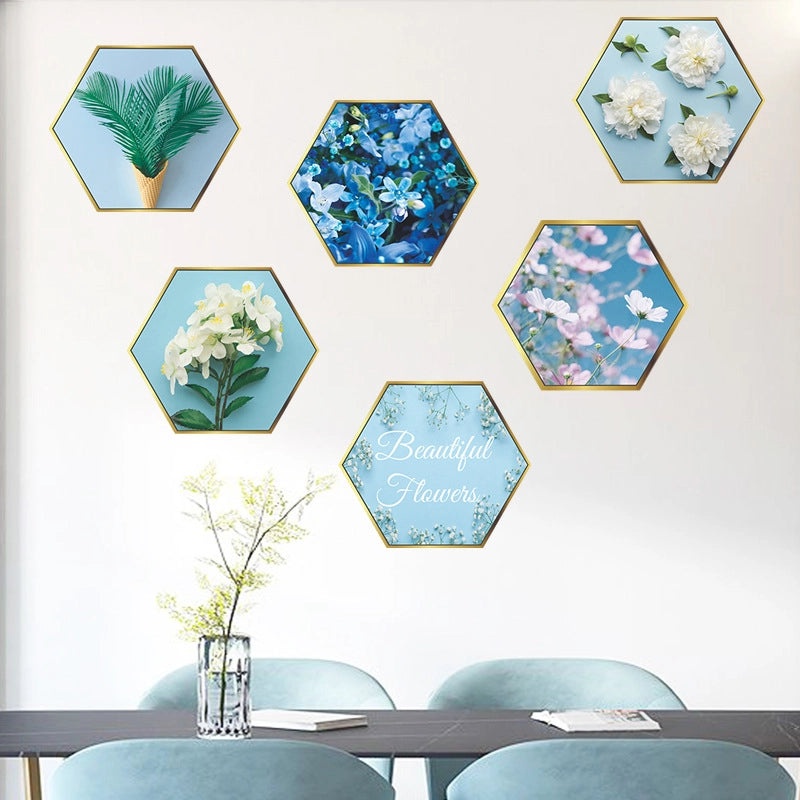 Hexagonal Flat Photo Frame Wall Sticker with Fresh Green Plant Design | Home Decor Wall Art