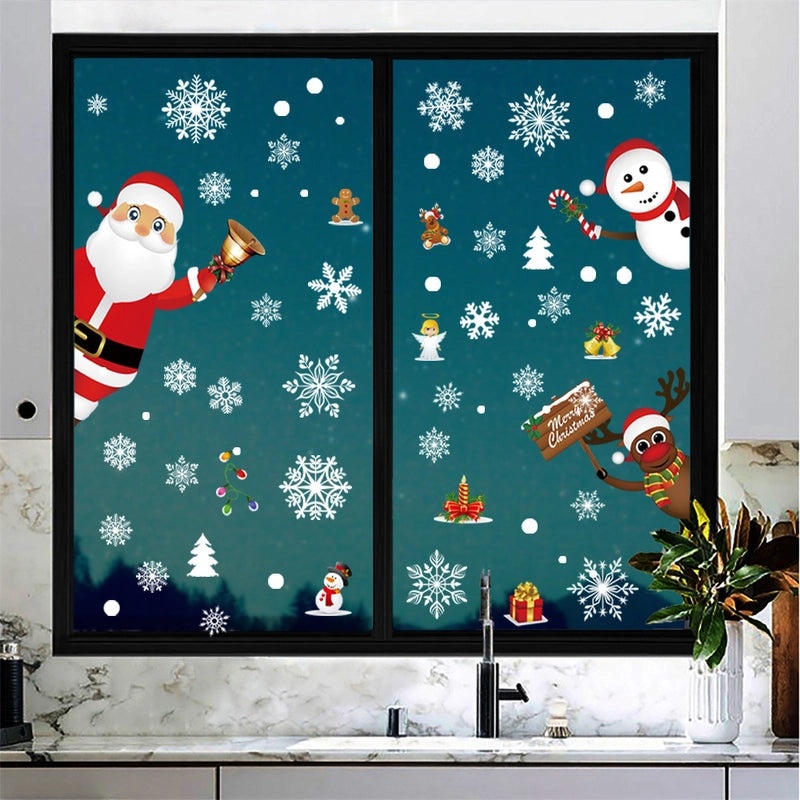Christmas Window Stickers Santa Snowman Snowflake Elk Double Sided Decorative Glass Decals|Seasonal Home Decor