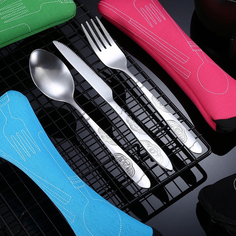 Portable Stainless Steel Western Steak Knife Fork Spoon Set with Creative Cloth Bag | Kitchen & Dining Cutlery Sets