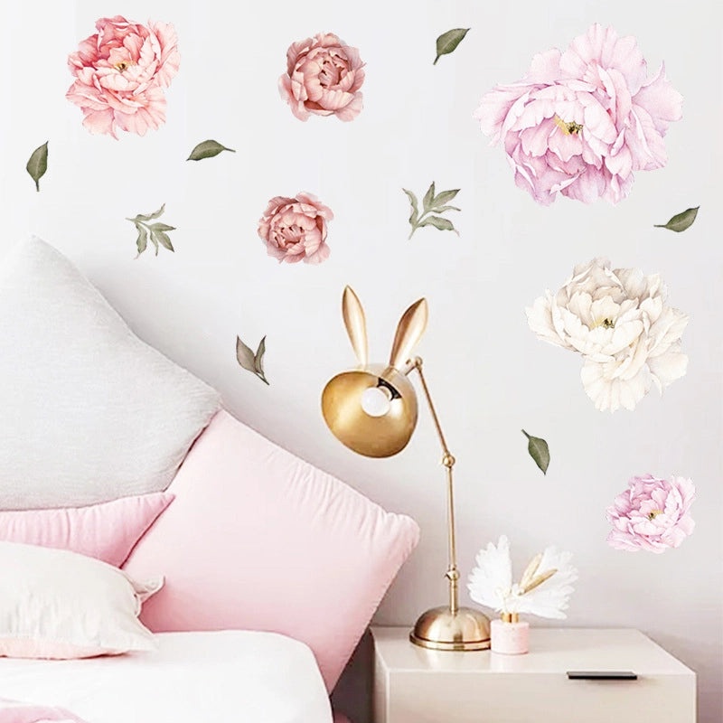 Pink Peony Flower Branch Wall Decal for Bedroom | Home Decor Wall Stickers