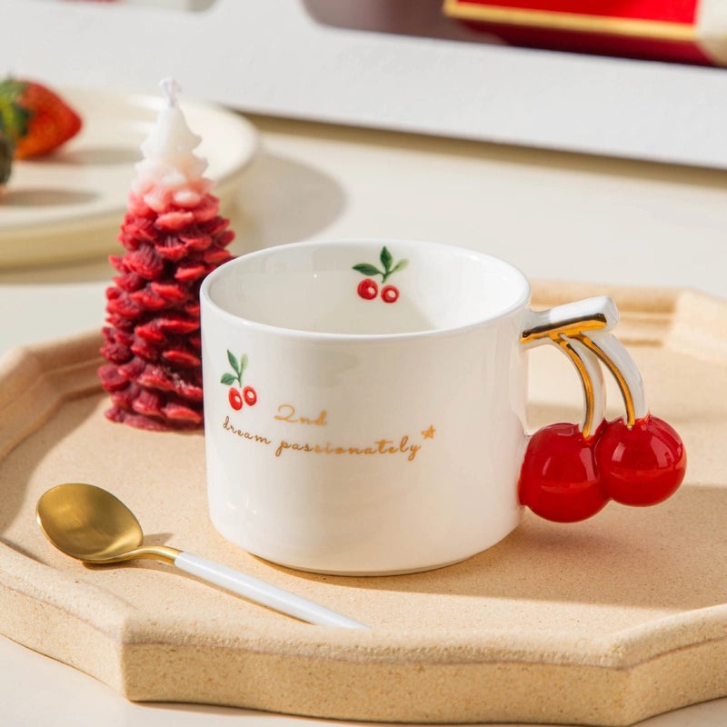 Charming Cherry Design White Porcelain Coffee Mug | Kitchenware & Drinkware