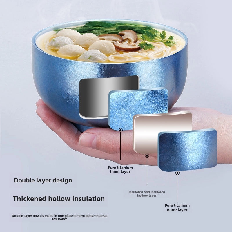 纯钛双层加厚饭碗 高端餐厅用户外保温钛合金汤碗 家用多功能圆形餐具|餐具厨具