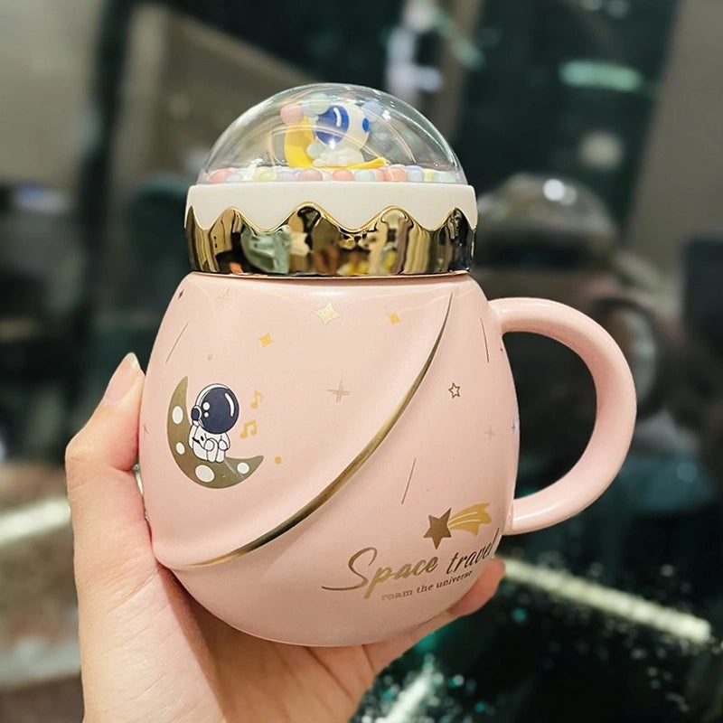 2-Piece Astronaut Space Ceramic Mug Set with Lid and Spoon | Gifts for Couples and Space Lovers | Drinkware Gifts