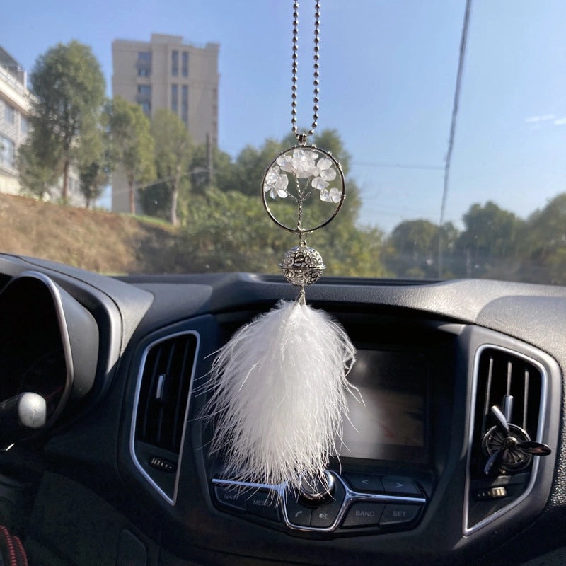 Lucky Pachira Macrocarpa Tree Car Hanging Ornament with Palace Bell and Feather Dreamcatcher|Car Accessories