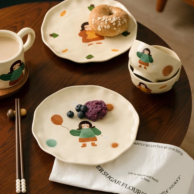 Vintage Ceramic Cartoon Dinner Plate Cute Girls Small Rice Bowl and Mug with Lid|Kitchen & Dining