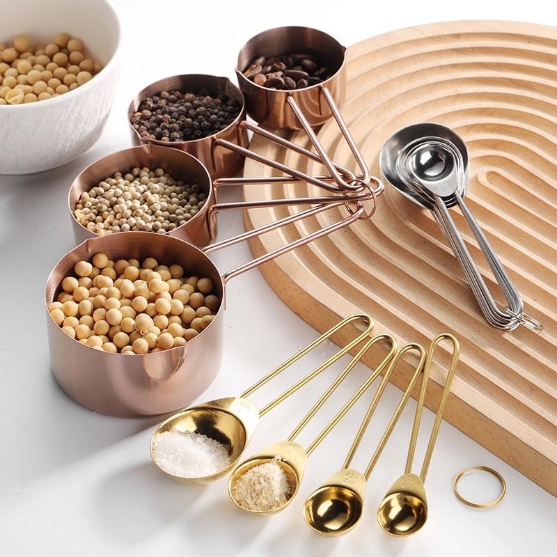 8-Piece Rose Gold Stainless Steel Measuring Cups and Spoons Set with Wire Handles and Scale | Kitchen Measuring Tools