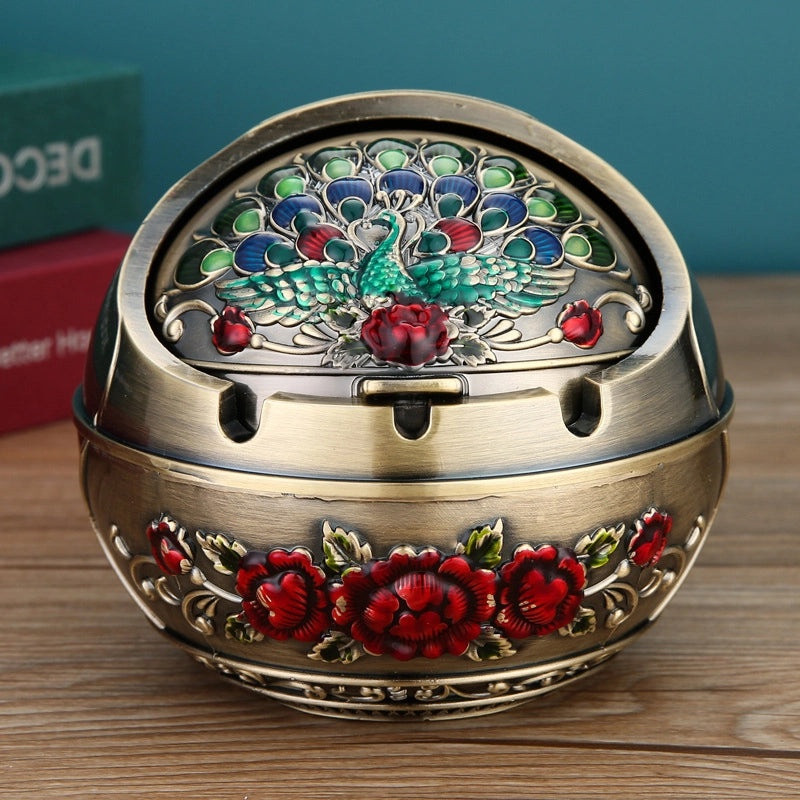 Vintage Elephant Peacock Rose Metal Ashtray Decorative Ornament|Home Decor & Accessories