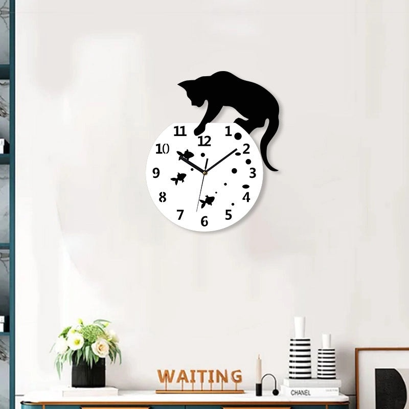 Cute Cartoon Fish Tank Kitten Wall Clock|Home Decor Wall Clocks