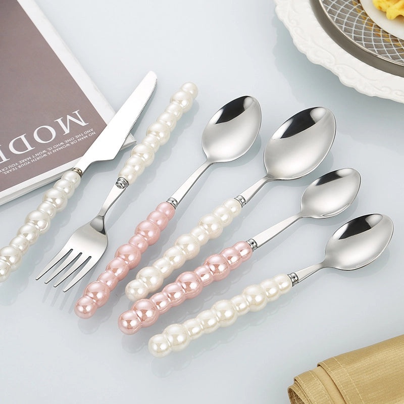 Ceramic Pearl Handle Stainless Steel Cutlery Set, Luxury Western Hotel Tableware, Steak Knife, Fork & Dessert Spoon | Kitchen & Dining