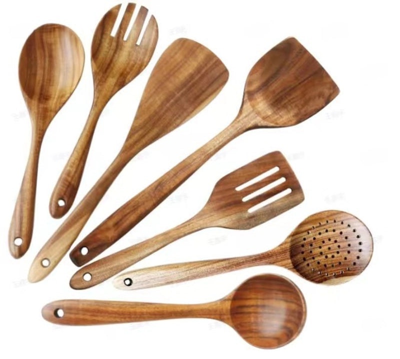 7-piece Teak Wood Kitchen Utensil Set Including Spatula, Soup Spoon & Colander | Kitchenware & Cooking Tools