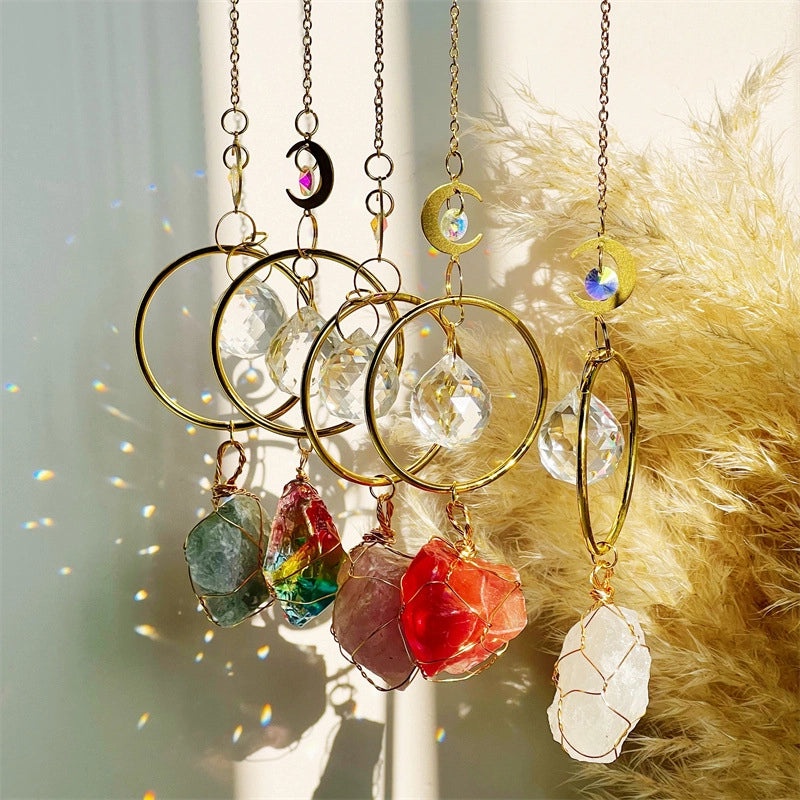 Minimalist Geometric Moon Crystal Suncatcher Wind Chime | Home Decor
