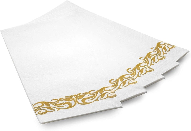 Disposable Dragon Pattern Tableware Set with White Gold-Edged Plates and Gold Air-Laid Paper Wine Glass Holders|Party Supplies