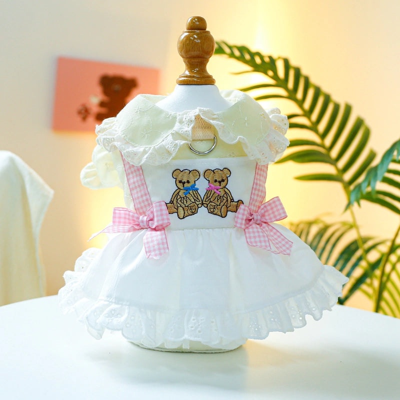 Spring Summer Pet Dress Fluffy Gauze Skirt with Embroidered Bear Cute Princess Style|Pet Clothing