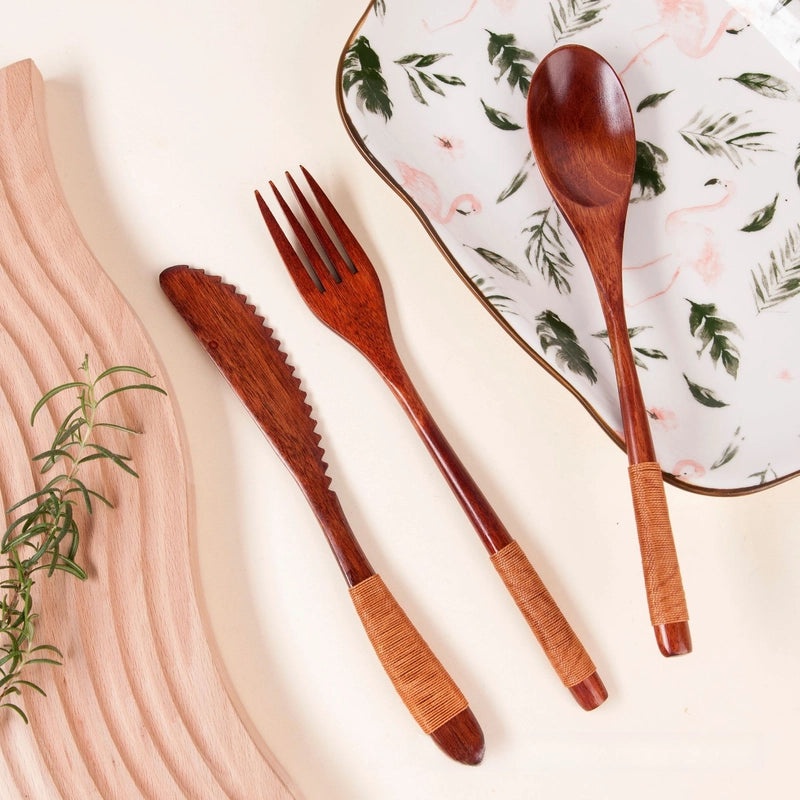 Japanese Style Wooden Tableware Set Phoebe 4-Piece Chopsticks Knife Fork Spoon|Kitchen & Dining Tableware