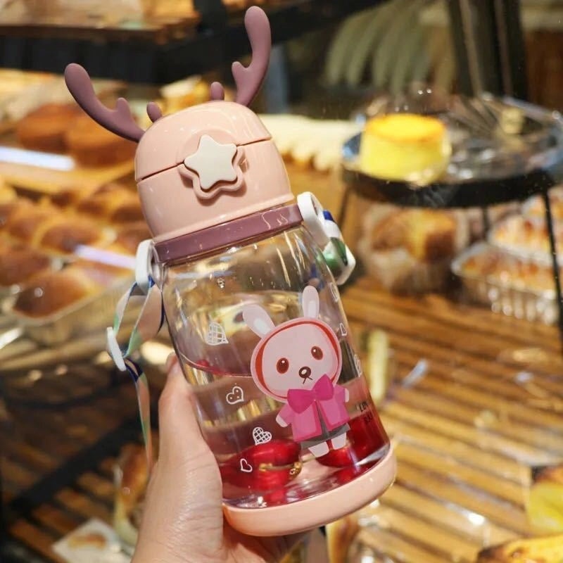 Kids Drop-Resistant Water Bottle with Straw Cute Antler Design for Kindergarten & Primary School Students|Children's Drinkware