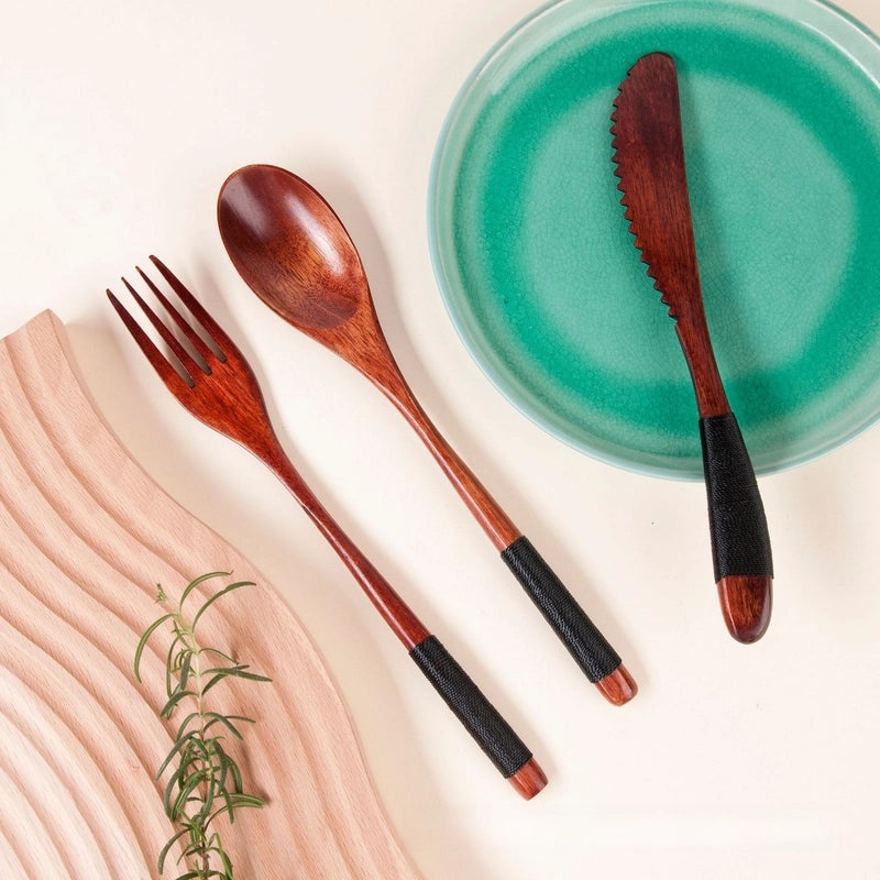 Japanese Style Wooden Tableware Set Phoebe 4-Piece Chopsticks Knife Fork Spoon|Kitchen & Dining Tableware