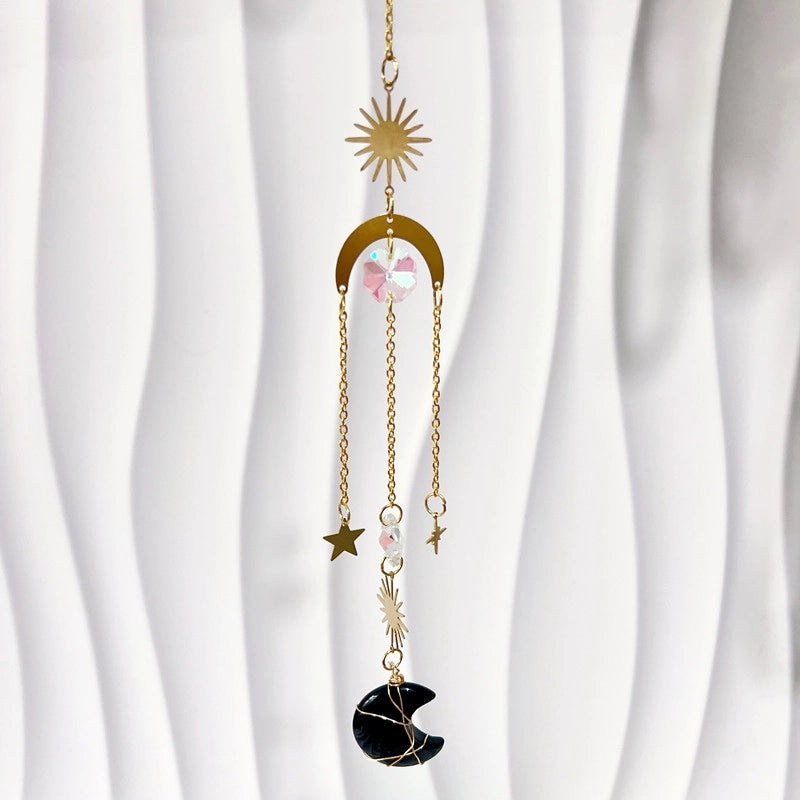 Minimalist Sun and Moon K9 Crystal Brass Suncatcher Wind Chime Decorative Wall Art|Home Decor