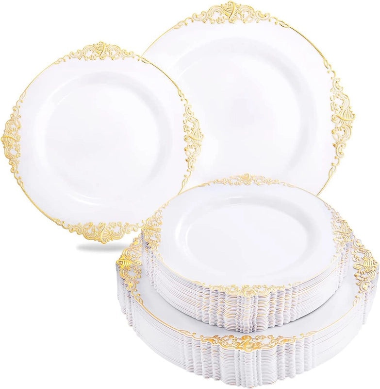 Disposable Dragon Pattern Tableware Set with White Gold-Edged Plates and Gold Air-Laid Paper Wine Glass Holders|Party Supplies