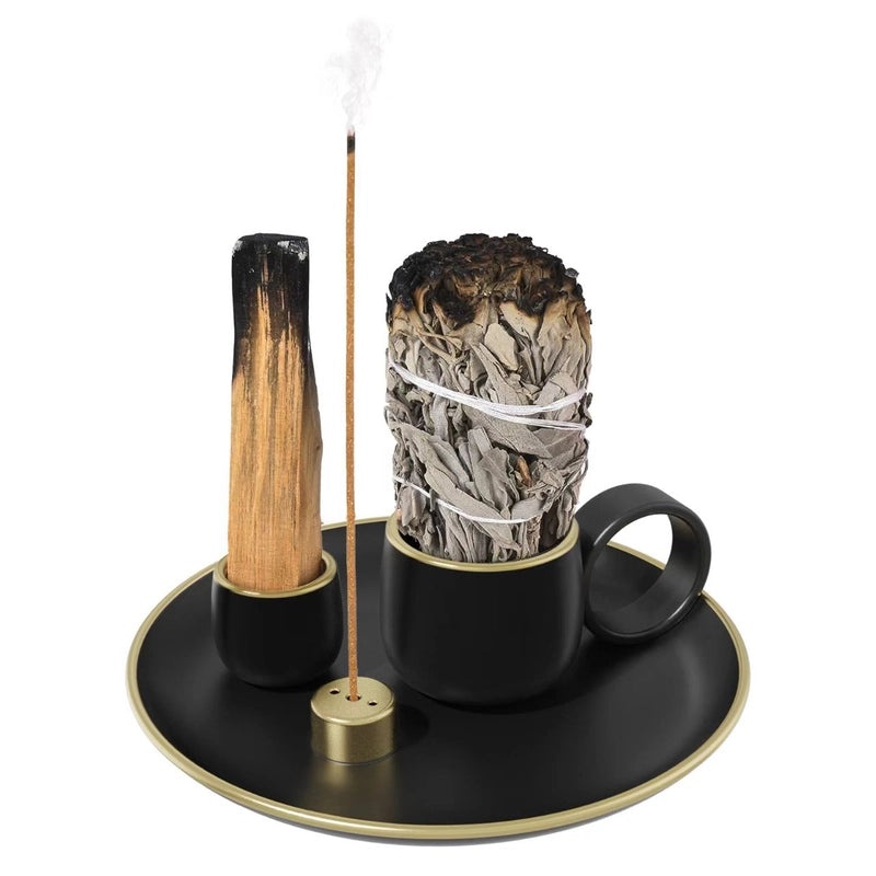 Ceramic Holy Wood Incense Burner with Sage Base and Burning Tray from Peru | Home Decor & Incense Accessories