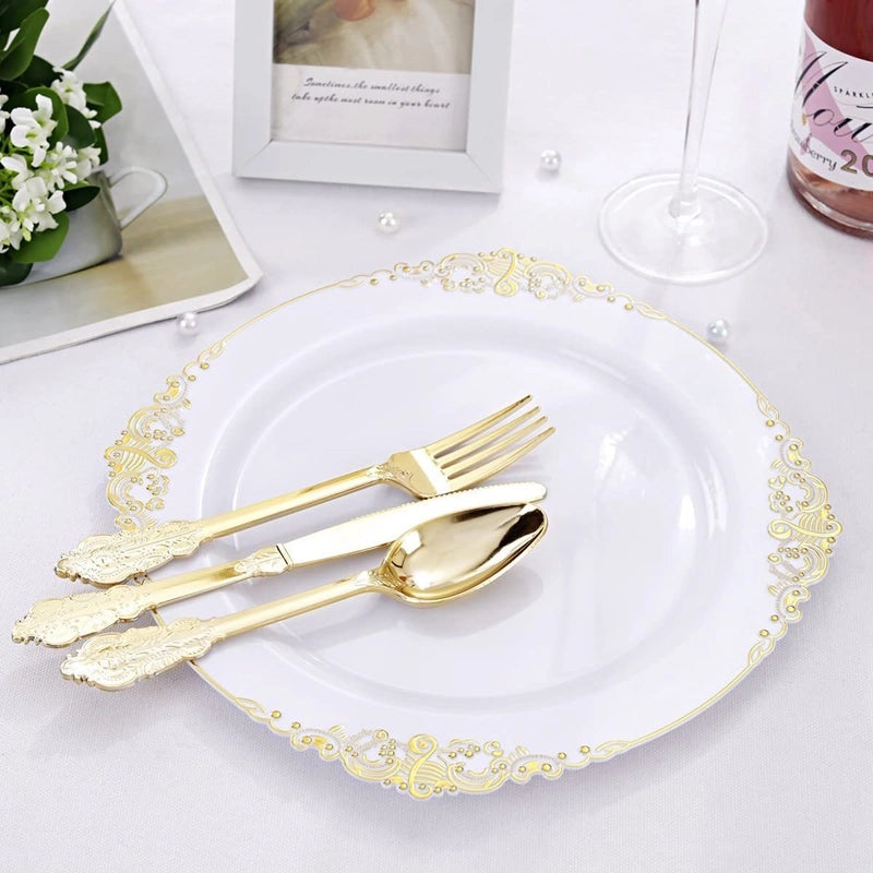 Disposable Dragon Pattern Tableware Set with White Gold-Edged Plates and Gold Air-Laid Paper Wine Glass Holders|Party Supplies