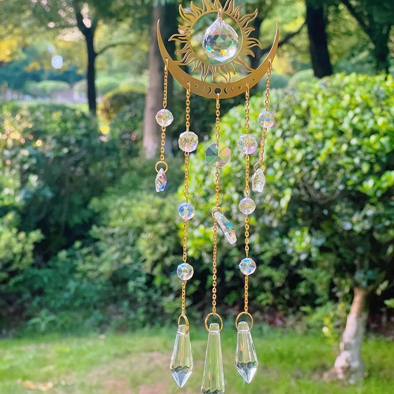 Geometric Crystal Brass Suncatcher Wind Chime | Home Decor & Wall Art