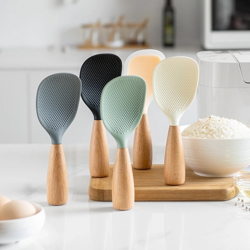 Heat-resistant Silicone Rice Spoon with Non-slip Wooden Handle | Kitchen Utensils & Gadgets