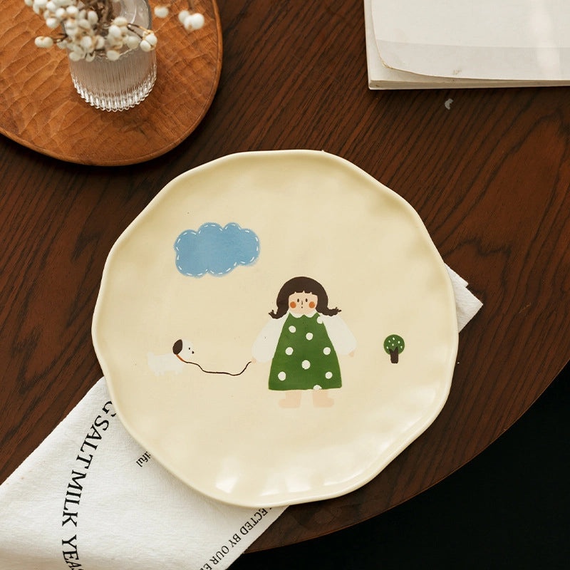 Vintage Ceramic Cartoon Dinner Plate Cute Girls Small Rice Bowl and Mug with Lid|Kitchen & Dining