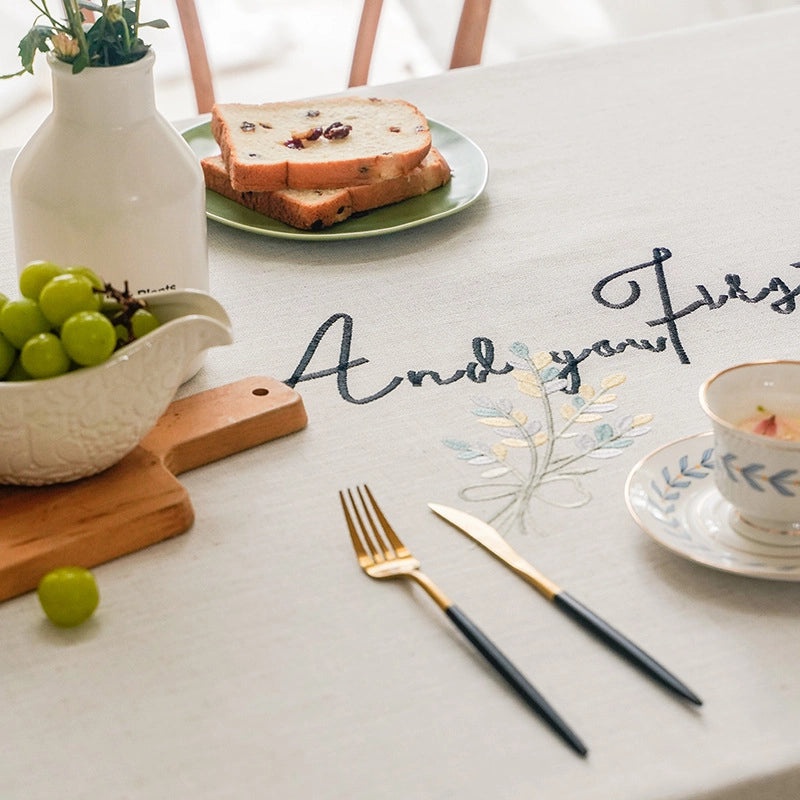 Embroidered Letter Tassel Long Striped Fabric Tablecloth for Dining and Coffee Tables|Home Decor/Table Linens