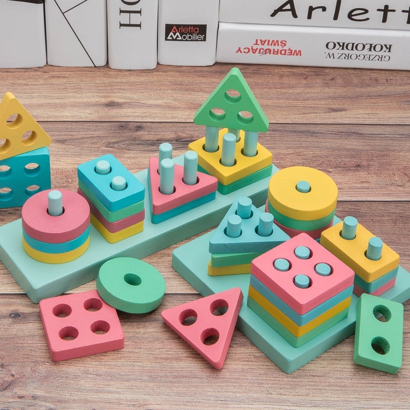 Macaron Color Wooden Geometric Building Blocks Puzzle for Kids | Early Education Toys