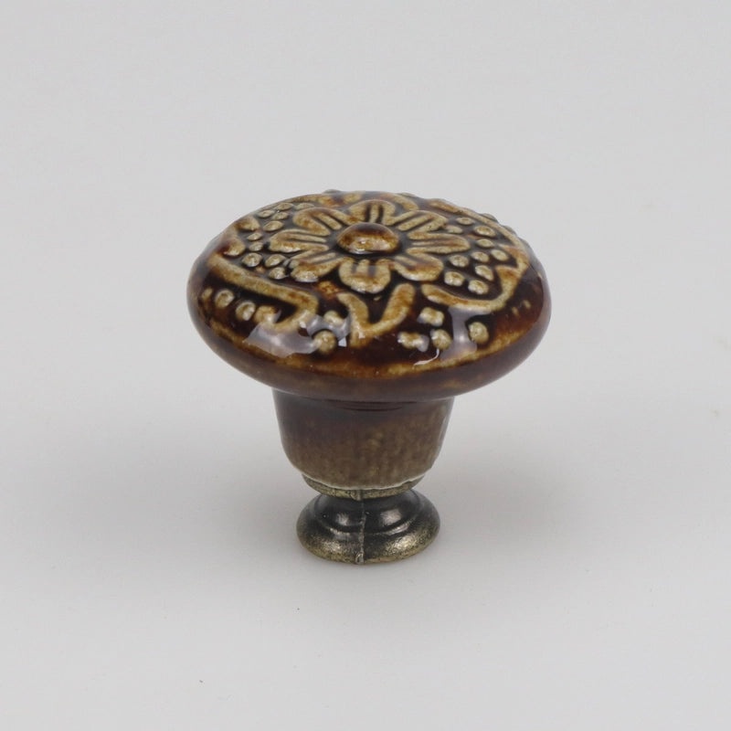Ceramic Flower Cabinet Handle with Wooden Base | Cabinet Hardware