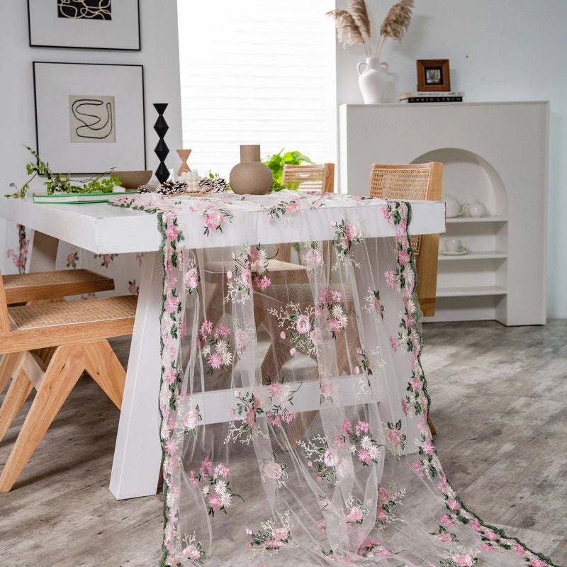 Pink Floral Embroidered Tablecloth for Cake Photography Background | Photography Props