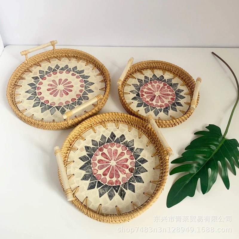 Handwoven Floral Rattan Shell Storage Basket for Casual Home Décor|Home Storage & Organization