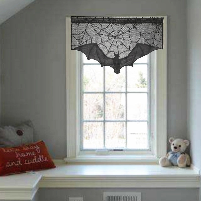 Black Lace Spider Web and Bat Halloween Door Curtain | Halloween Decorations