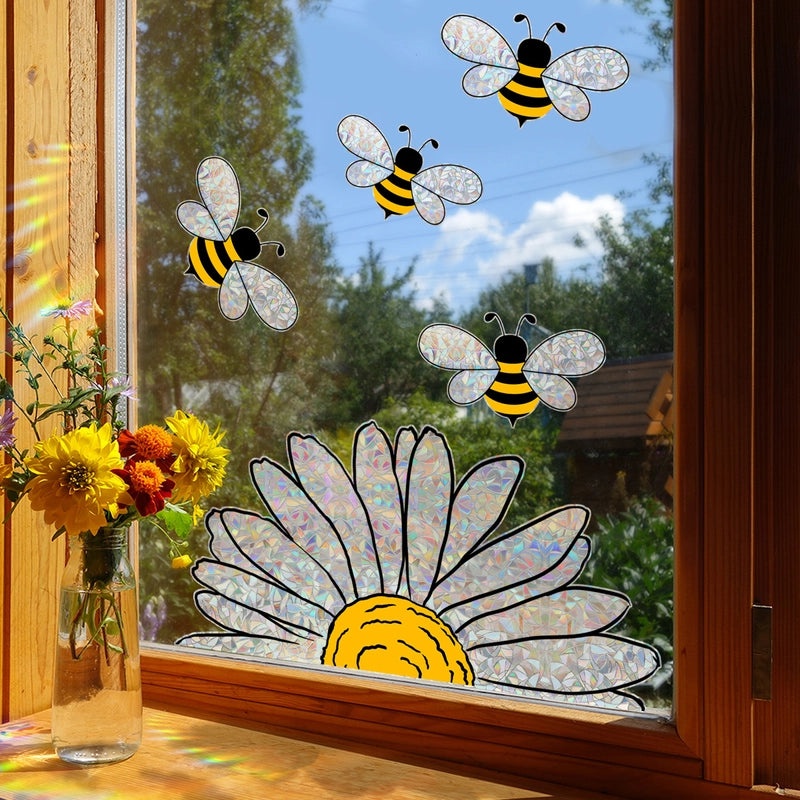 Sunflower Bee Double-sided Window Stickers Colorful Sunlight Static Decals for Home Decor|Window Decorations
