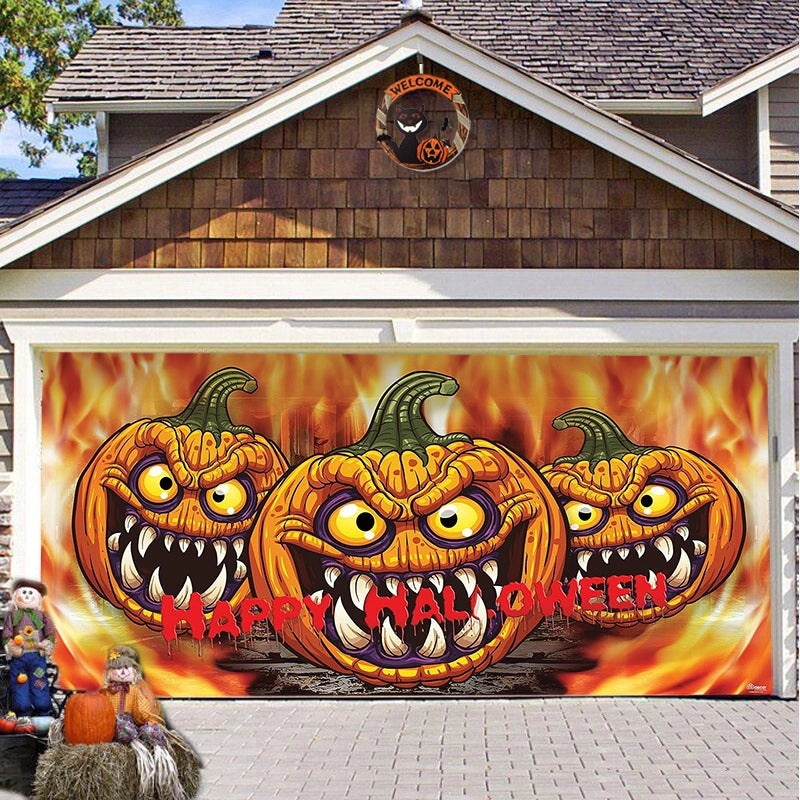 Halloween Pumpkin Hanging Banner Cloth Horror Garage Door Tapestry Decoration|Home Decor