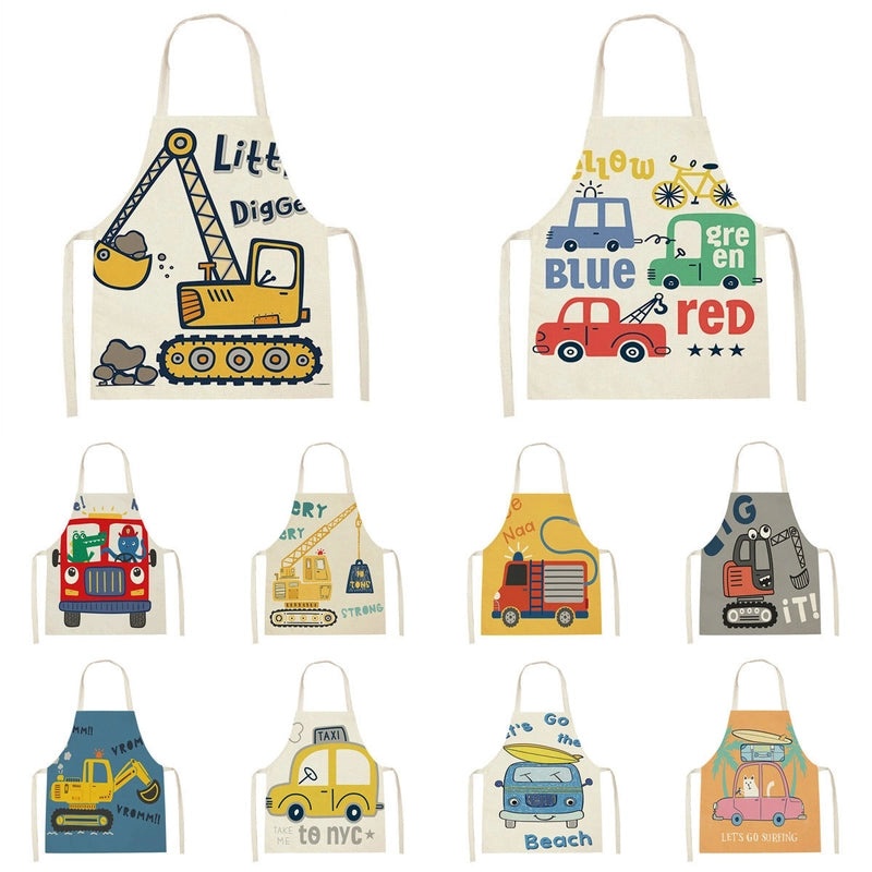 Cartoon Excavator Print Linen Sleeveless Parent-Child Apron Oil-Resistant Home Cooking Protective Wear|Kitchenware & Aprons