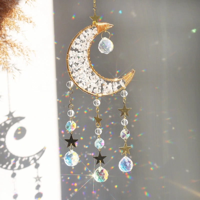 Geometric Star and Moon Crystal Metal Suncatcher Wind Chime | Home Decor & Wall Art