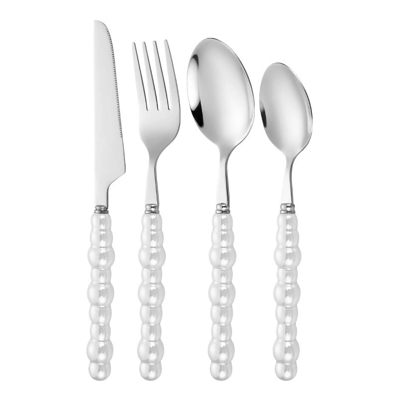Ceramic Pearl Handle Stainless Steel Cutlery Set, Luxury Western Hotel Tableware, Steak Knife, Fork & Dessert Spoon | Kitchen & Dining
