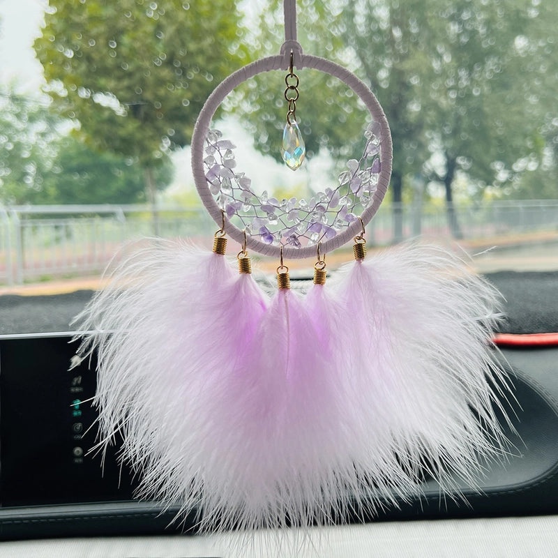 Car Rearview Mirror Hanging Dreamcatcher with Feather and Crystal Stones | Car Interior Ornaments