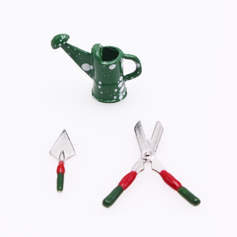 Miniature Dollhouse Gardening Tin Scissors Set with Wrought Iron Watering Can for BJD Accessories|Miniature Garden Tools