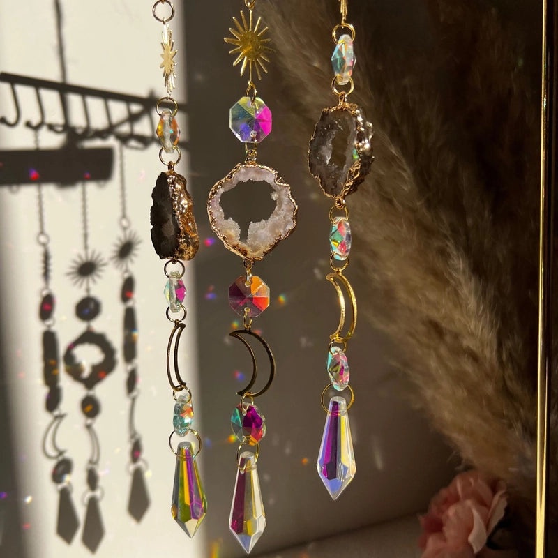 Modern Geometric Moon Natural Stone Crystal Suncatcher Wind Chime Wall Decor|Home Decor