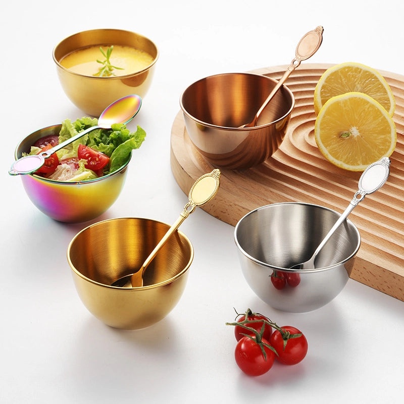 Stainless Steel Small Sauce Bowl Set with Spoon, Golden Dip Dish for Sushi, Jam, and Seasoning | Kitchen & Dining Accessories
