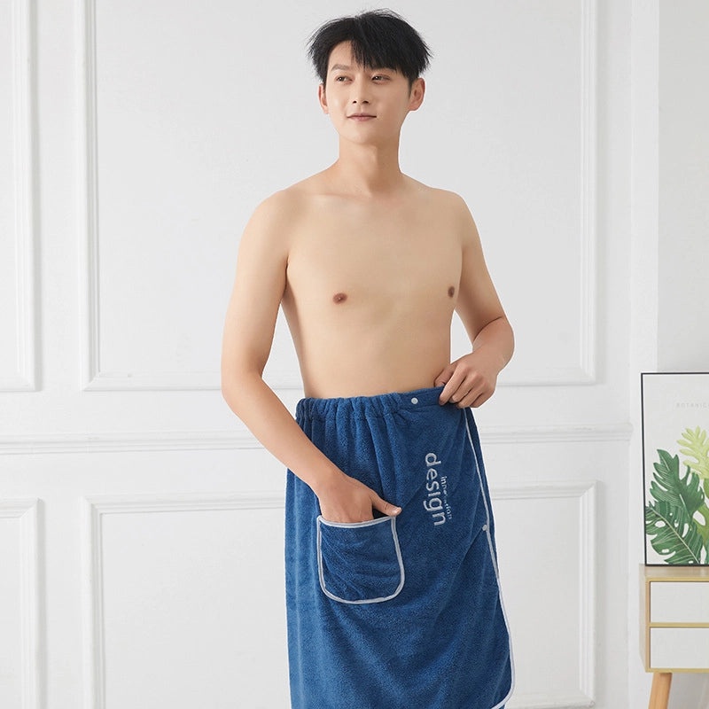 Men's Coral Fleece Bath Skirt Soft Absorbent Home Bathrobe Adjustable Waist Embroidered Towel|Men's Bathrobes & Towels