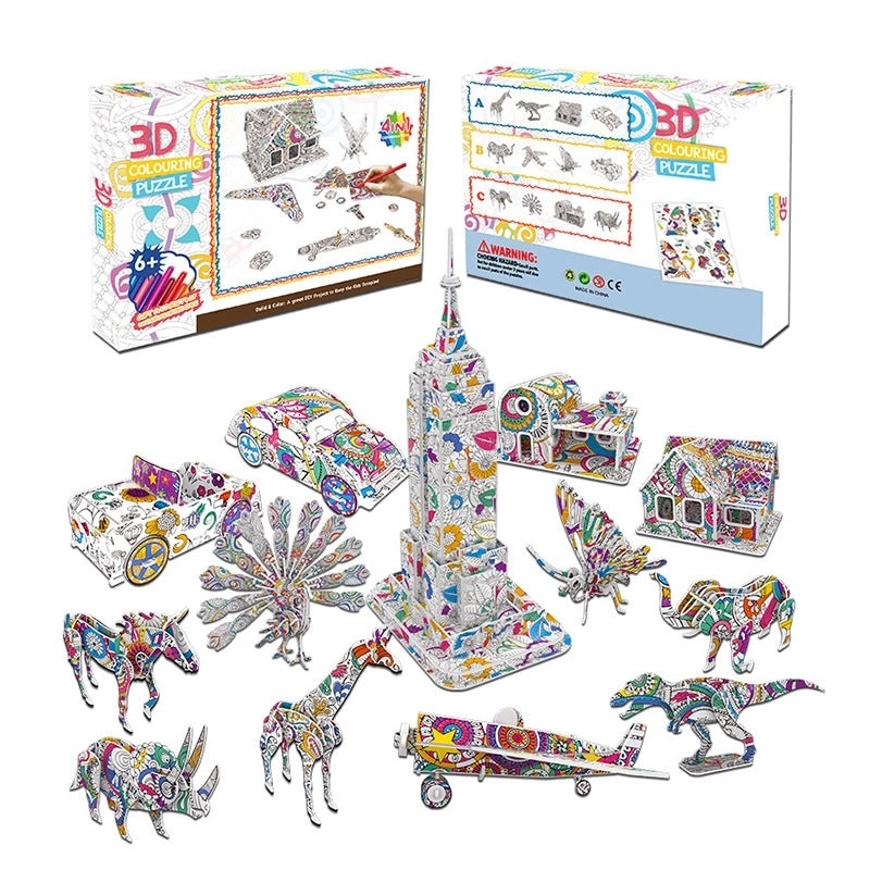 Kids 3D Dinosaur Graffiti Puzzle Toy Set DIY Animal Car House Painting Craft | Children's Creative Toys