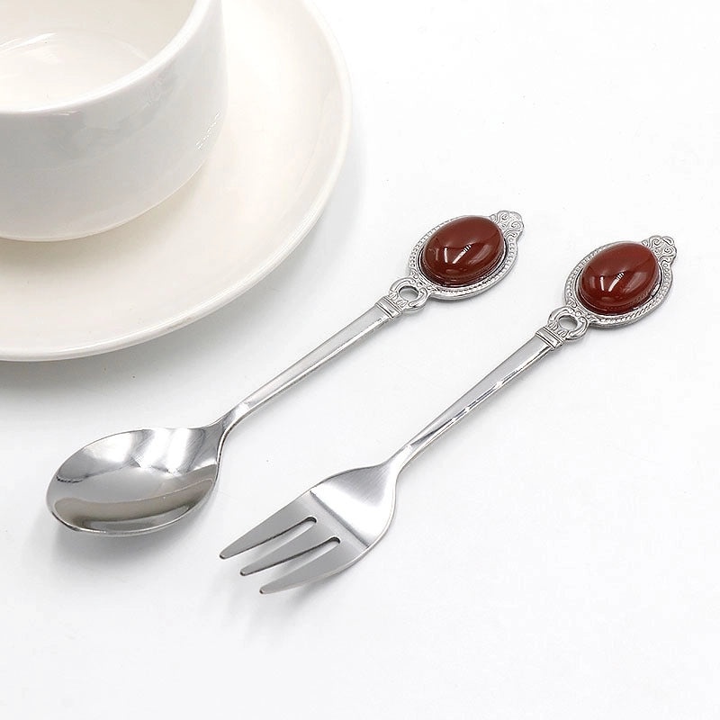 Vintage Solid Color Stainless Steel Spoon with Natural Stone Handle | Kitchen Utensils & Cutlery