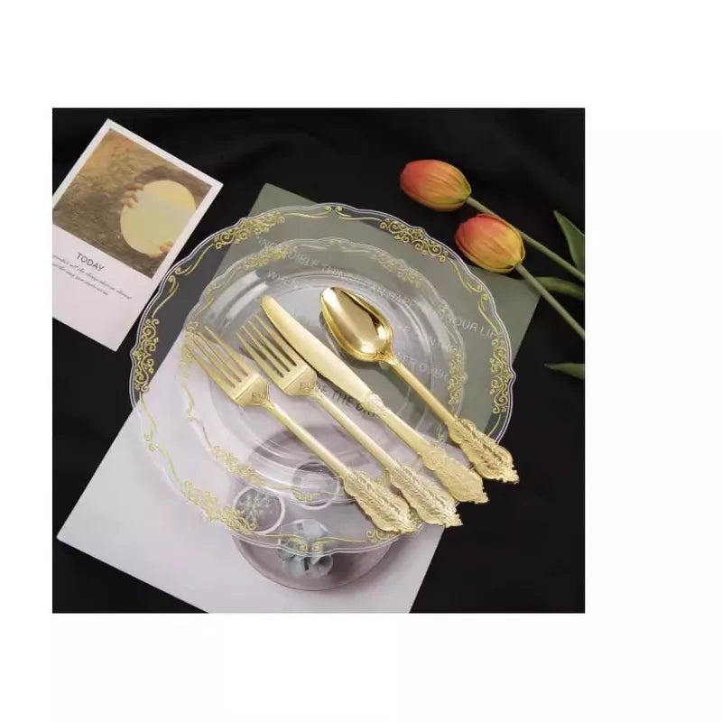 Disposable Transparent Plates with Gold Rim 7.5" & 10.25" | Party Tableware Disposable Plastic Plates