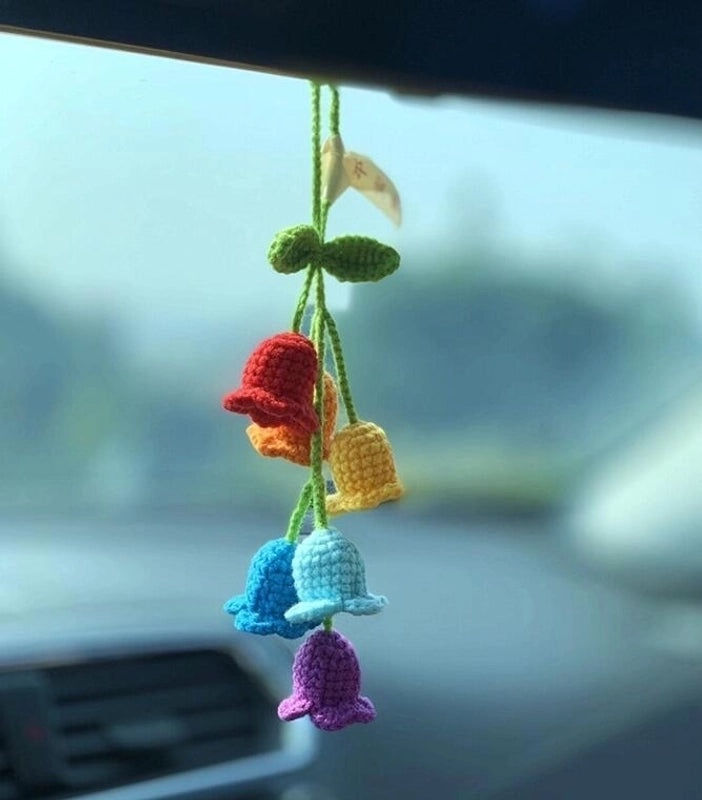 3 Pieces Hand-Crocheted Chlorophytum Yarn Potted Ornaments for Car Rearview Mirror | Car Accessories